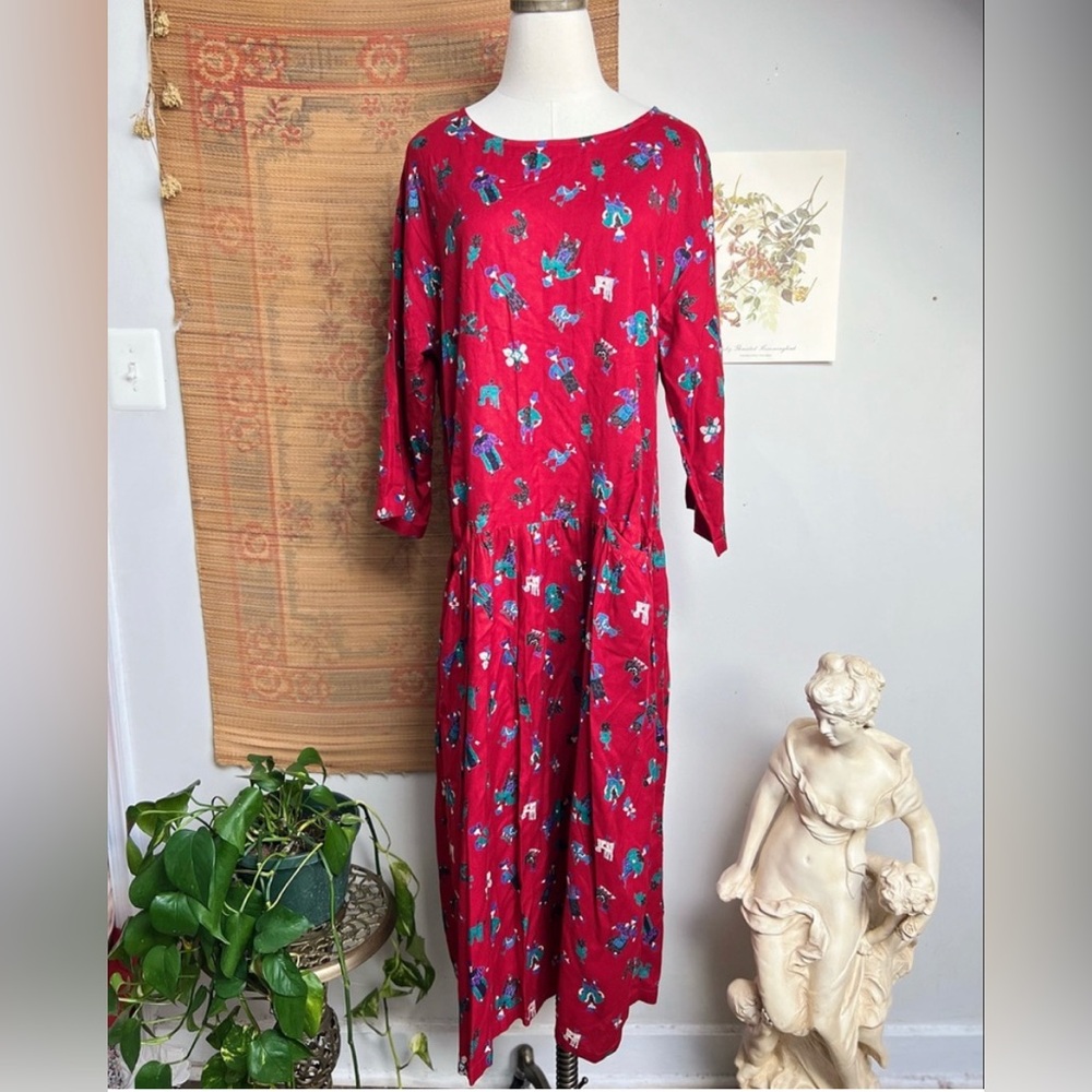90s Putumayo Vintage Dropwaist Folk Print Red Dress Large